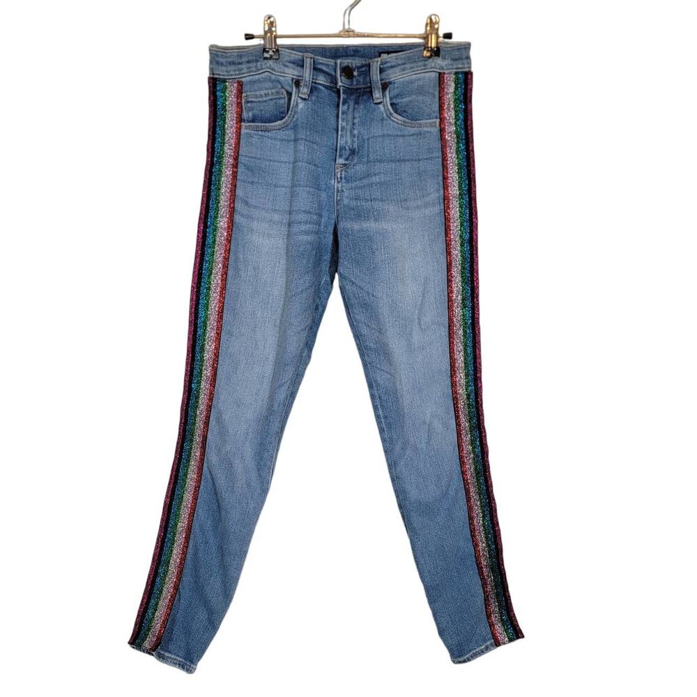 Blank NYC Glitter Striped Rainbow the Bond Mid Rise Skinny Jeans Blue Size 28